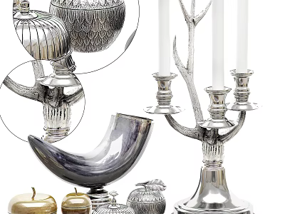 Elegant Silver Decorative Ornament Set with Candelabra Jars and Decorative Fruits for Home Decor 3d model