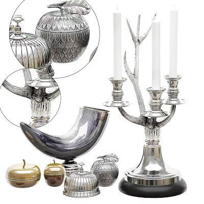 Elegant Silver Decorative Ornament Set with Candelabra Jars and Decorative Fruits for Home Decor 3d model