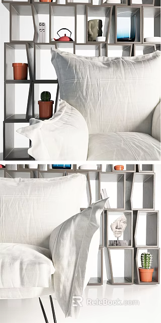Contemporary Storage Shelf Unit With White Sofa Cushions Books And Decorative Items 3d model 