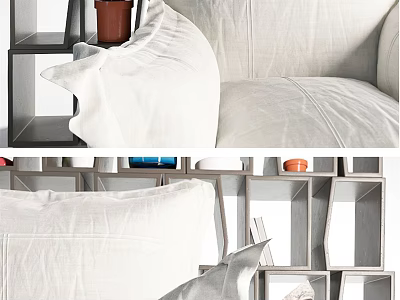 Contemporary Storage Shelf Unit With White Sofa Cushions Books And Decorative Items 3d model