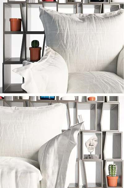 Contemporary Storage Shelf Unit With White Sofa Cushions Books And Decorative Items 3d model