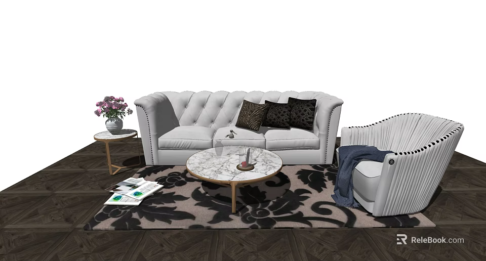 Elegant White Tufted Sofa and Coffee Table Set with Marble Top Throw Pillows and Patterned Rug 3d model