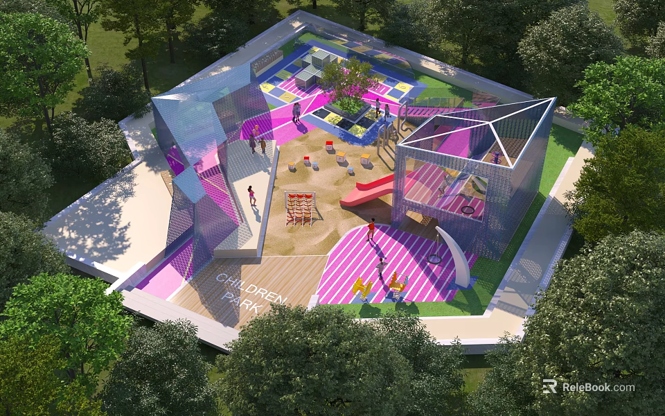 Modern Children's Play Area With Colorful Ground Slides Swings And Surrounding Trees 3d model 