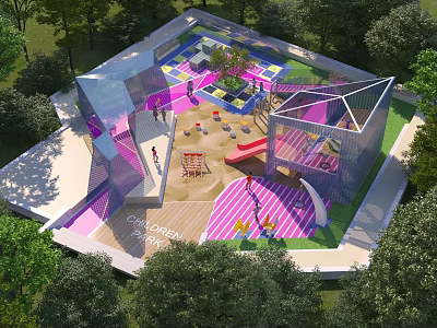 Modern Children's Play Area With Colorful Ground Slides Swings And Surrounding Trees 3d model