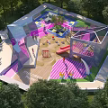 Modern Children's Play Area With Colorful Ground Slides Swings And Surrounding Trees