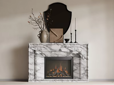 Elegant Marble Fireplace Interior With Black Mirror Vase Book And Candles 3d model