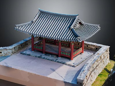 Traditional Korean Pavilion With Gray Tiled Roof And Red Columns By Stone Wall 3d model