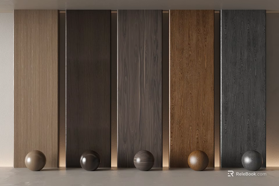 Different Colored Wall Paneling in Modern Interior with Metal Spheres at Bottom 3d model 
