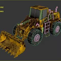 Yellow Rusty Heavy Duty Loader Vehicle With Large Wheels And Front Bucket