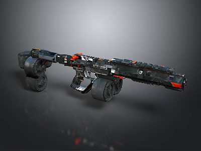 Futuristic Black and Red Weapon with Complex Mechanical Structure and Support Wheels 3d model