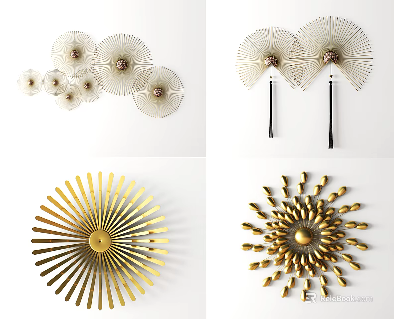 Golden Fan Shaped And Radiant Metallic Wall Decor For Modern Home Interior 3d model 