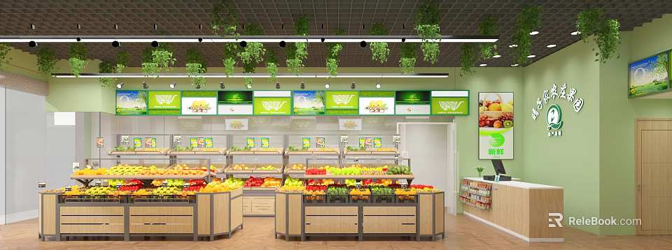 Bright Fruit Store Interior With Fresh Fruits Display Shelves And Green Plants 3d model 