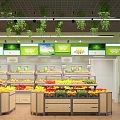 Bright Fruit Store Interior With Fresh Fruits Display Shelves And Green Plants
