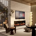 Modern Open Living Dining Room With Wooden Ceiling Floor to Ceiling Windows Sofa Dining Chairs