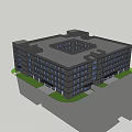 Gray Office Building With Large Windows Multi Story Structure Blue Sky White Clouds Green Lawn