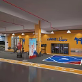 Indoor Parking Lot With Yellow Directional Arrows Digital Screen Red Pipes And Advertising Banners