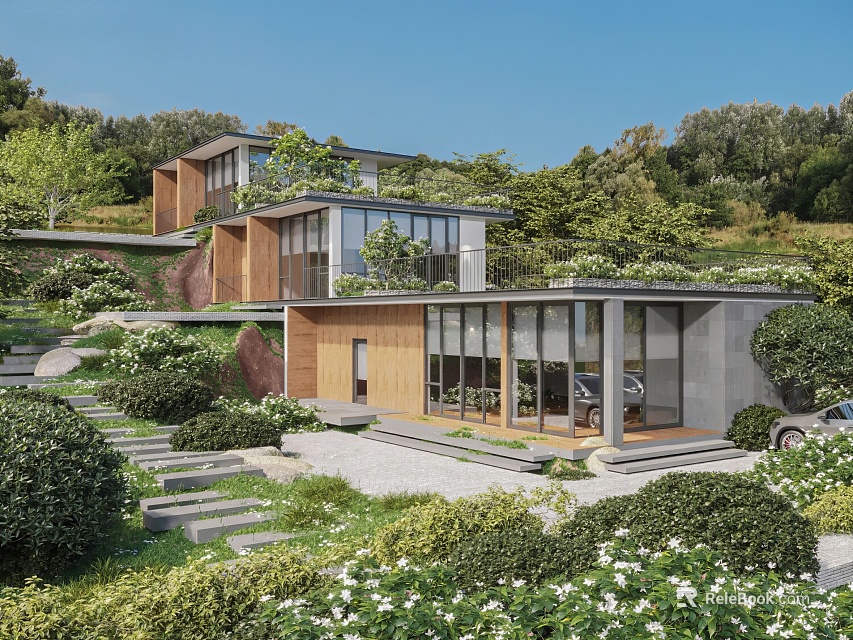 Modern Single Family House With Large Glass Windows Surrounded By Hillside Greenery 3d model 