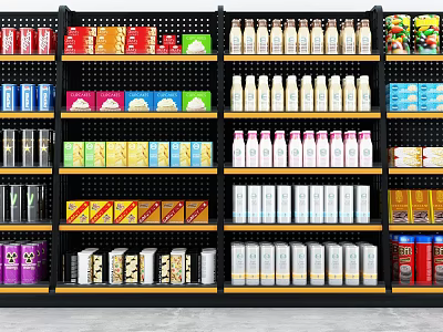 Retail Display Shelves Stocked With Bottled Beverages Snacks And Daily Items 3d model