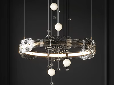 Modern Circular Glass Chandelier With Suspended White Orbs And Illuminated Frame 3d model