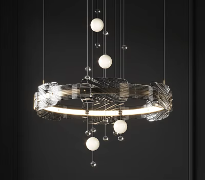 Modern Circular Glass Chandelier With Suspended White Orbs And Illuminated Frame 3d model