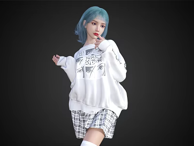 Stylish Woman With Blue Hair Wearing White Sweatshirt With Black Patterns And Plaid Skirt 3d model