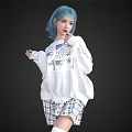 Stylish Woman With Blue Hair Wearing White Sweatshirt With Black Patterns And Plaid Skirt