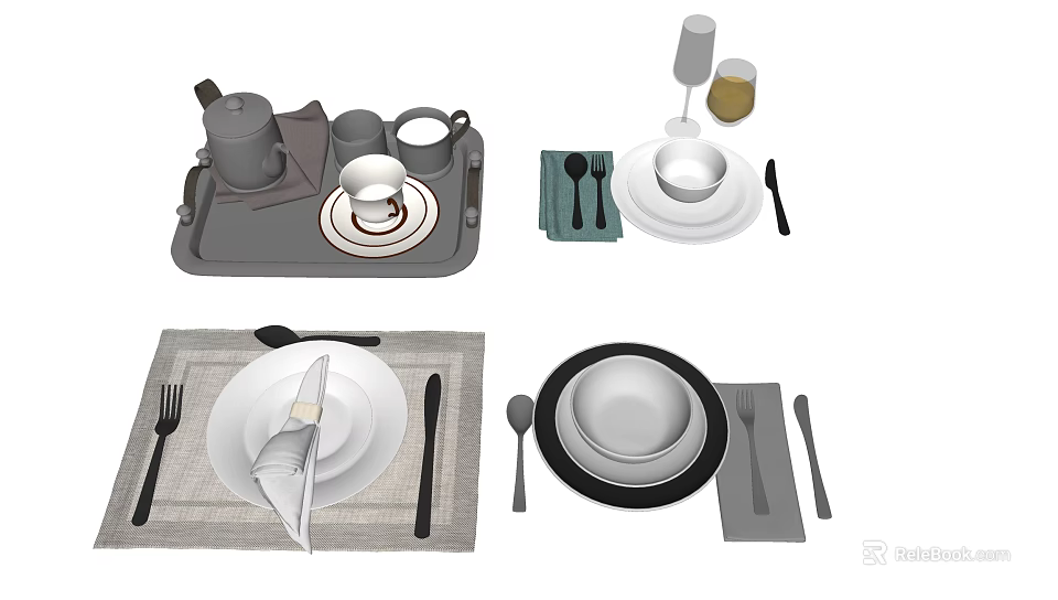 Complete Modern Tableware Set With Teapot Cups Tray Plates Cutlery And Napkins 3d model 