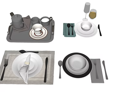 Complete Modern Tableware Set With Teapot Cups Tray Plates Cutlery And Napkins 3d model