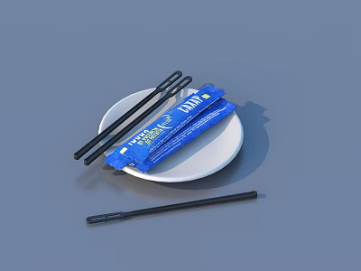 Black Disposable Chopsticks With Blue Packaging On White Plate For Daily Use 3d model