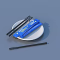 Black Disposable Chopsticks With Blue Packaging On White Plate For Daily Use