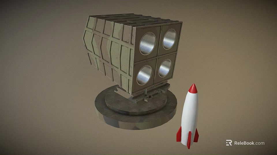 Military Weapon Rocket Launcher With Cube Structure And Circular Openings On Base Near Small Rocket 3d model 