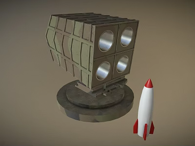 Military Weapon Rocket Launcher With Cube Structure And Circular Openings On Base Near Small Rocket 3d model