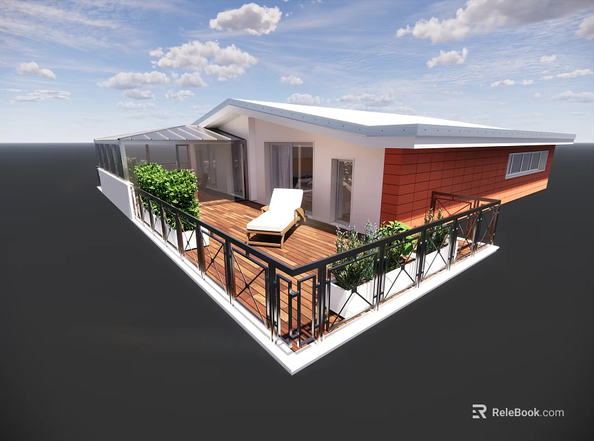 Detached Villa Featuring Wooden Terrace Lounge Chair Green Plants And Black Railing 3d model 