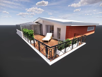 Detached Villa Featuring Wooden Terrace Lounge Chair Green Plants And Black Railing 3d model