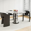 Modern Round Marble Top Dining Table Set With Black Chairs Patterned Pedestal White Walls Blinds 3d model