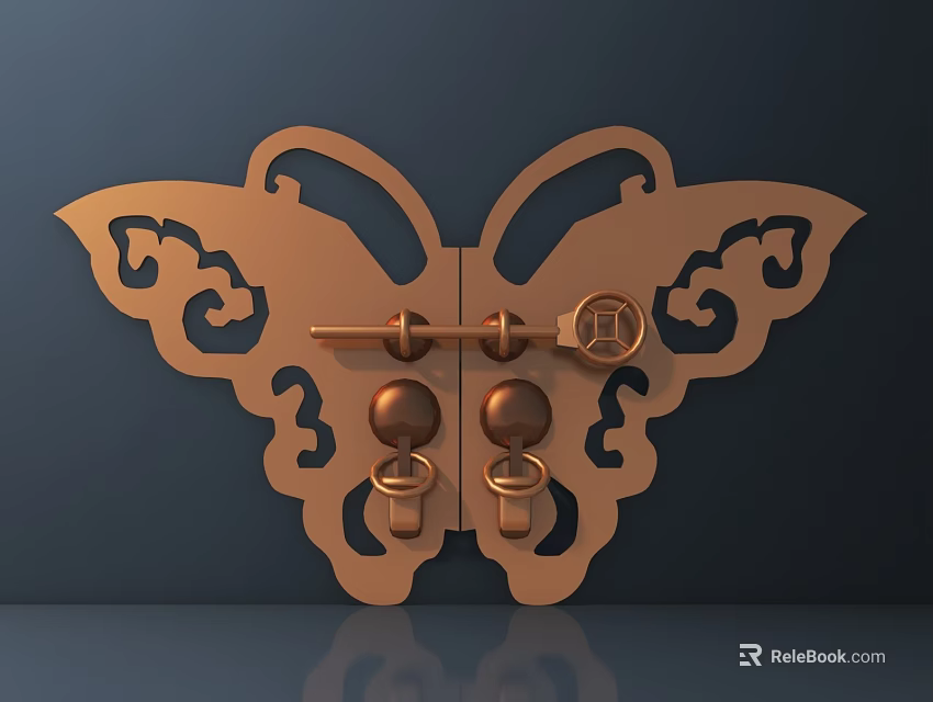 Butterfly Shaped Copper Door Handle With Intricate Hollow Design And Decorative Details 3d model 