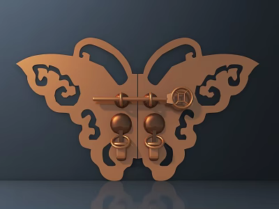 Butterfly Shaped Copper Door Handle With Intricate Hollow Design And Decorative Details 3d model