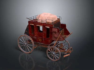 Vintage Red Carriage with Four Large Wheels Light Colored Roof Cover and Retro Decorative Details 3d model