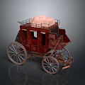 Vintage Red Carriage with Four Large Wheels Light Colored Roof Cover and Retro Decorative Details