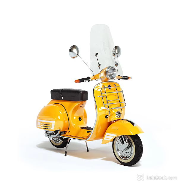Yellow Classic Scooter with Windshield Rearview Mirrors Black Seat and Metal Grille 3d model 