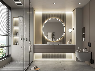 Modern Bathroom Interior Design With Glass Shower Round Mirror Vanity Wall Lights And Storage Cabinets 3d model