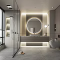 Modern Bathroom Interior Design With Glass Shower Round Mirror Vanity Wall Lights And Storage Cabinets