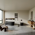 Modern Bathroom Interior With Black Bathtub Wooden Vanity Toilet And Window