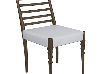 Wooden Frame Dining Chair With Slatted Backrest And White Padded Seat Carved Legs 3d model