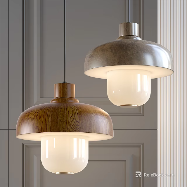 Modern Pendant Lights With Wooden And Metal Shades And White Glass Globes In Gray Interior 3d model 