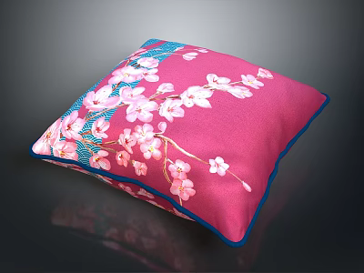 Decorative Pink Throw Pillow with Cherry Blossom Floral Design and Blue Trim 3d model