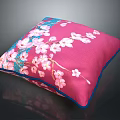 Decorative Pink Throw Pillow with Cherry Blossom Floral Design and Blue Trim