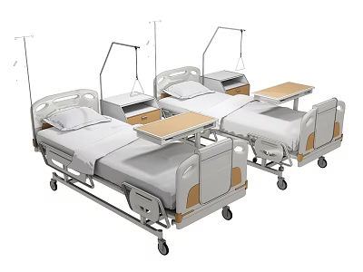 Adjustable Medical Beds with Bedside Tables and IV Poles for Hospital Use 3d model