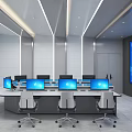 Sleek Spacious Modern Public Office Area With Large Digital Display And Multiple Computer Workstations