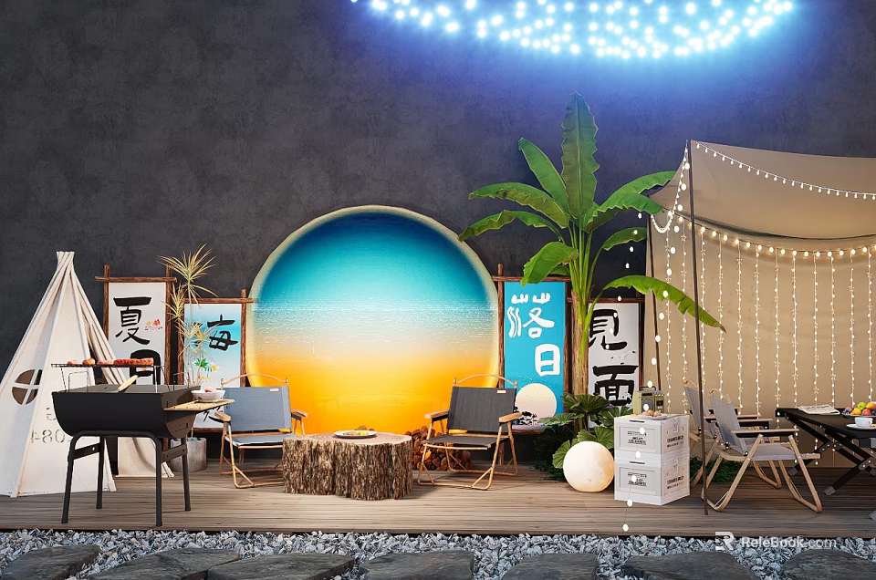 Outdoor Summer Art Installation Featuring Circular Gradient Backdrop Chinese Calligraphy Decorative Signs And String Lights 3d model 